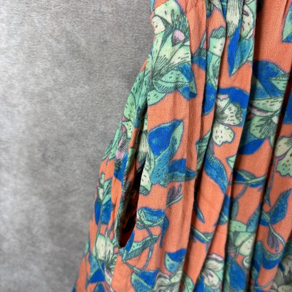Free People Mini Dress Womens Small‎ Orange Floral Boho Ruffle Straps Pockets